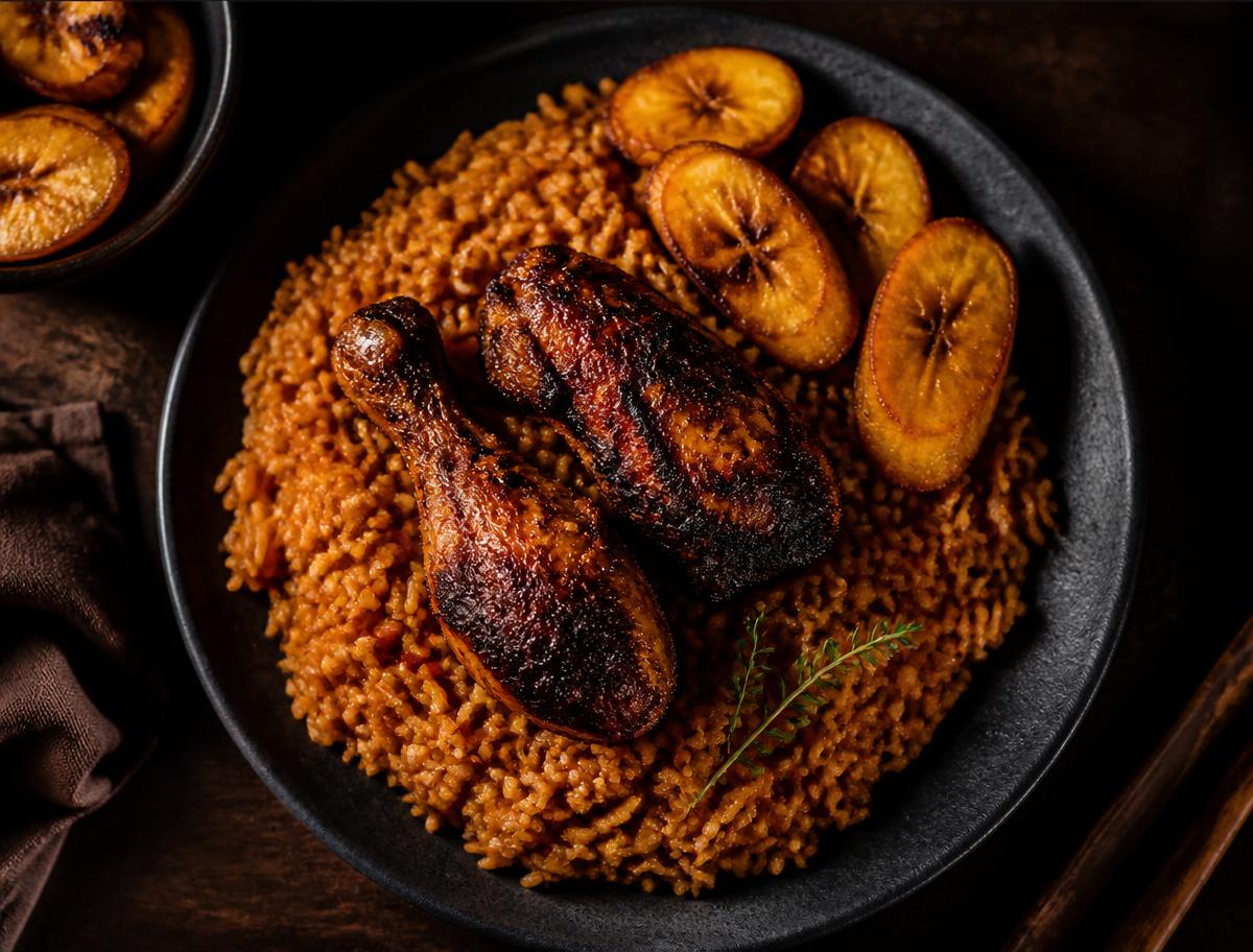 A plated portion of YOFA jollof rice with chicken