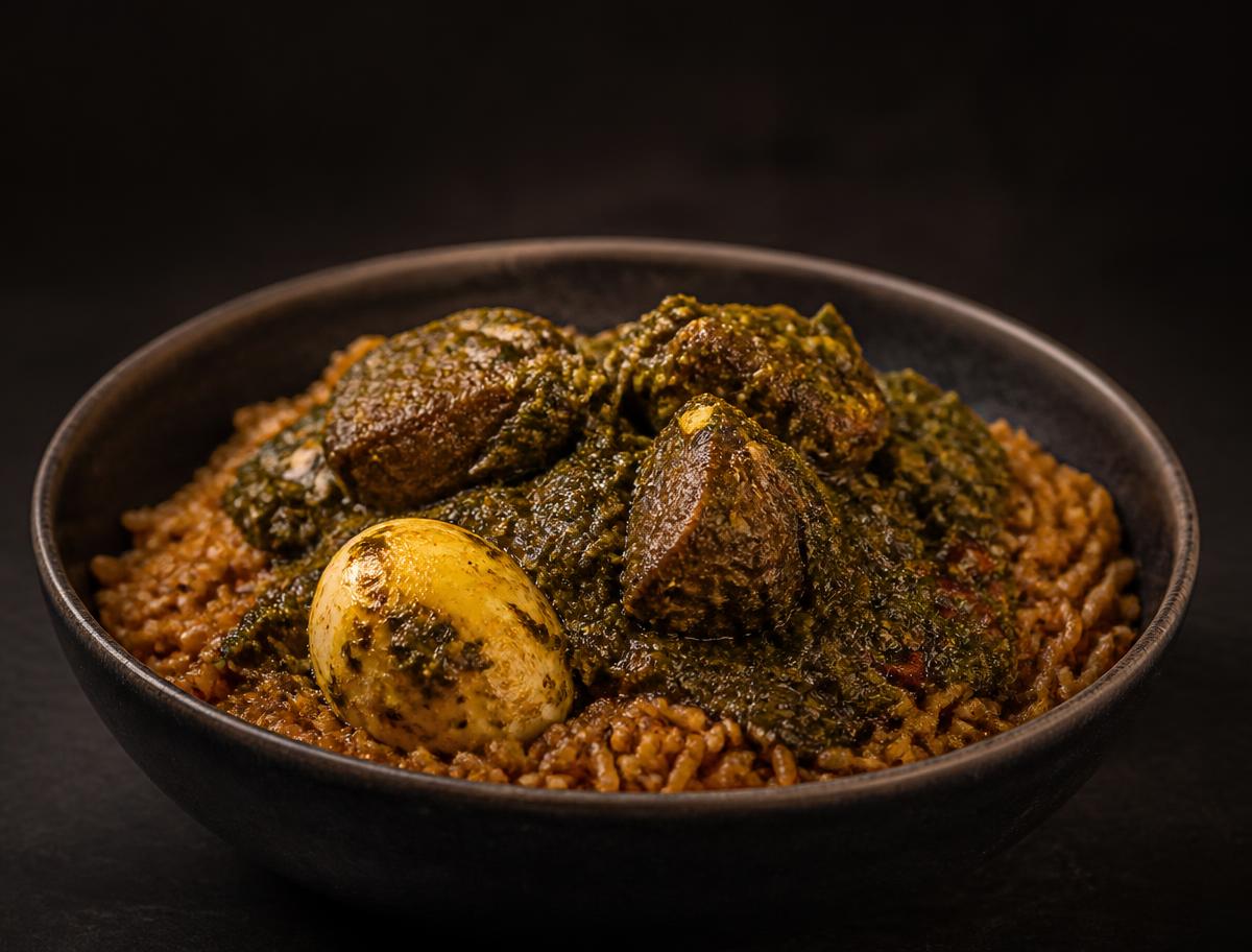 Ofada rice with sauce, meat and egg
